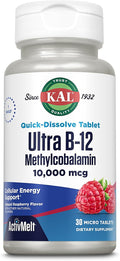 KAL Ultra B12 Methylcobalamin 10,000mcg, High Potency Vitamin B-12 for Healthy Energy, Metabolism, Nerve, Red Blood Cell Support,* Natural Raspberry Flavor, Vegetarian, 30 Micro Tablets, 30 Servings