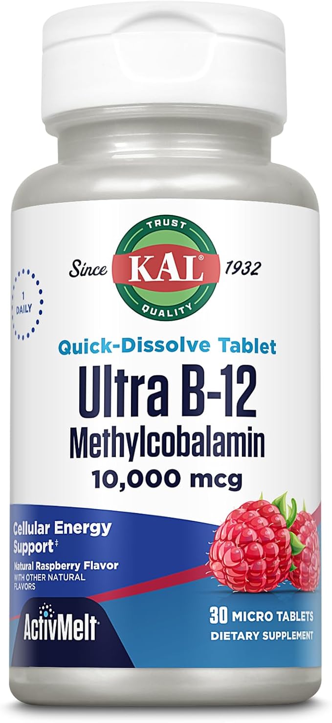 KAL Ultra B12 Methylcobalamin 10,000mcg, High Potency Vitamin B-12 for Healthy Energy, Metabolism, Nerve, Red Blood Cell Support,* Natural Raspberry Flavor, Vegetarian, 30 Micro Tablets, 30 Servings
