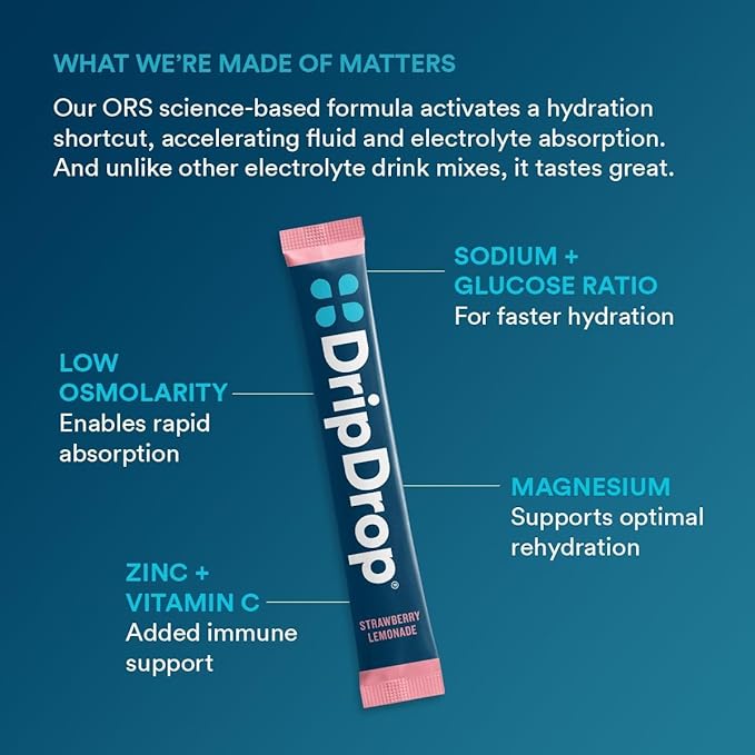 DripDrop Hydration Packets - Juicy Variety Pack - Single Serve Electrolytes Powder Drink Mix - Grape, Fruit Punch, Strawberry Lemonade, Cherry - Non-GMO, Gluten Free, Vegan - 32 Sticks