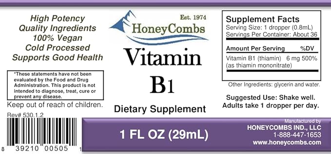 Vitamin B1 (Thiamine) Drops - High Potency Thiamine Vitamin B1 Extract - Vegan, Alcohol-Free Non-GMO Vitamin Liquid - Maintain Nervous System Health, Support Digestion & Boost Energy, 1 Fl Oz.