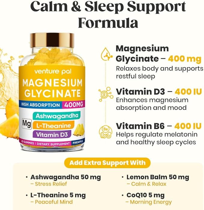 60 Day Supply Magnesium Glycinate 400mg Gummies with Ashwagandha, L-Theanine, CoQ10, Vitamin D3 & B6, Sugar Free Magnesium Gummies for Adults & Kids, Stress Relief, Sleep & Calm, Vegan, Gluten Free
