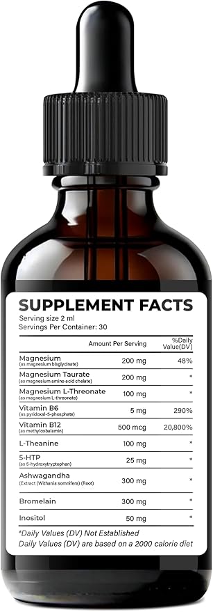Triple Magnesium Complex Liquid Drops - Magnesium Glycinate Supplement with L-Threonate, Taurate - Ashwagandha, L-Theanine, 5-HTP, Vitamins B6, B12, Bromelain, Inositol for Mineral Balance