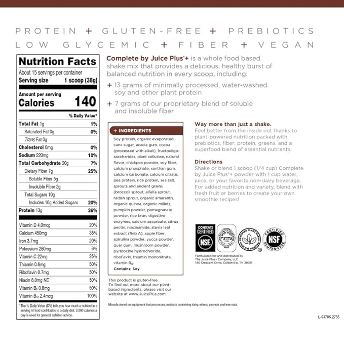 Complete by JuicePlus+ Dutch Chocolate Shakes - Plant-Based Nutrition - Whole Food Based Shake Powder with Protein, Fiber & Prebiotics - 30 Servings (2 Pouches, 15 Servings Each)
