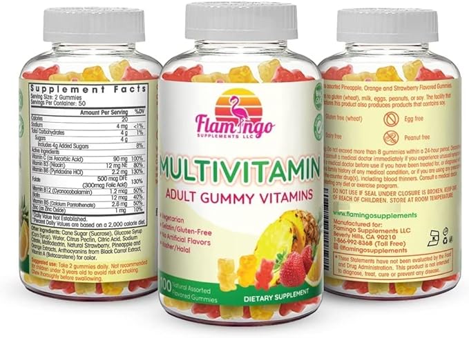 Flamingo Supplements Multivitamin Gummies | Vegan Friendly, Kosher Halal NO Gluten or Gelatin, no GMO| for Men, Women & Kids| 3 Natural Flavors | Vitamins C, B3, B12, Biotin, Zinc & More| 100 Gummies
