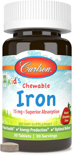 Carlson - Kid's Chewable Iron, 15 mg, Superior Absorption, Blood Health, Energy Production & Optimal Wellness, Natural Strawberry Flavor, 30 Tablets
