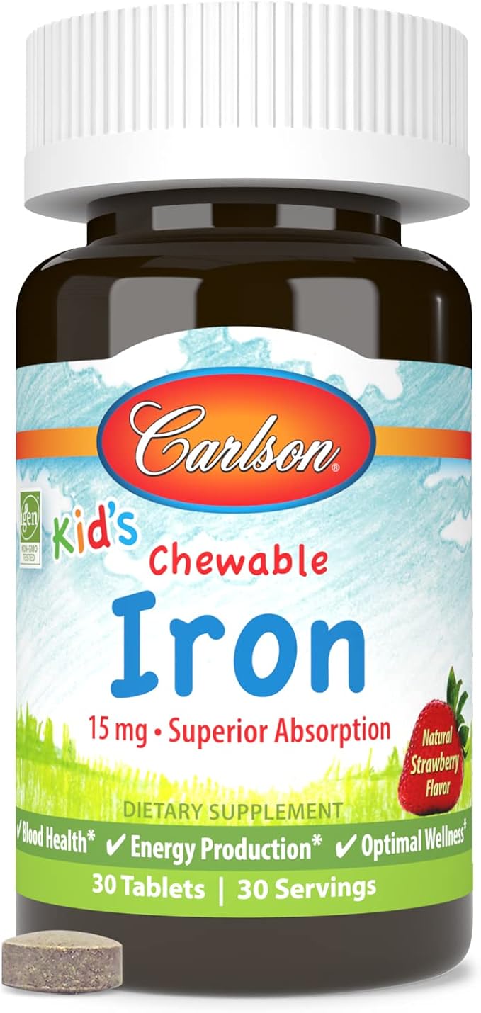 Carlson - Kid's Chewable Iron, 15 mg, Superior Absorption, Blood Health, Energy Production & Optimal Wellness, Natural Strawberry Flavor, 30 Tablets