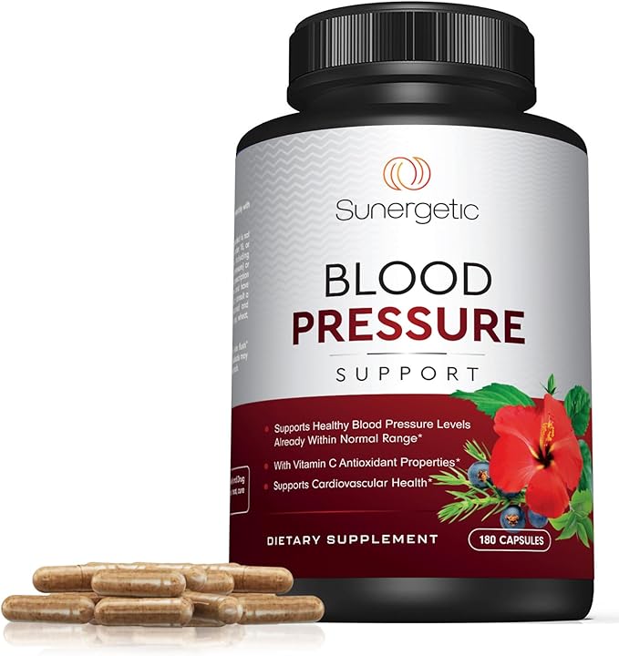 Sunergetic Premium Blood Pressure Support Supplement for Cardiovascular & Heart Health with Garlic, Hawthorn & Hibiscus (180 Capsules)