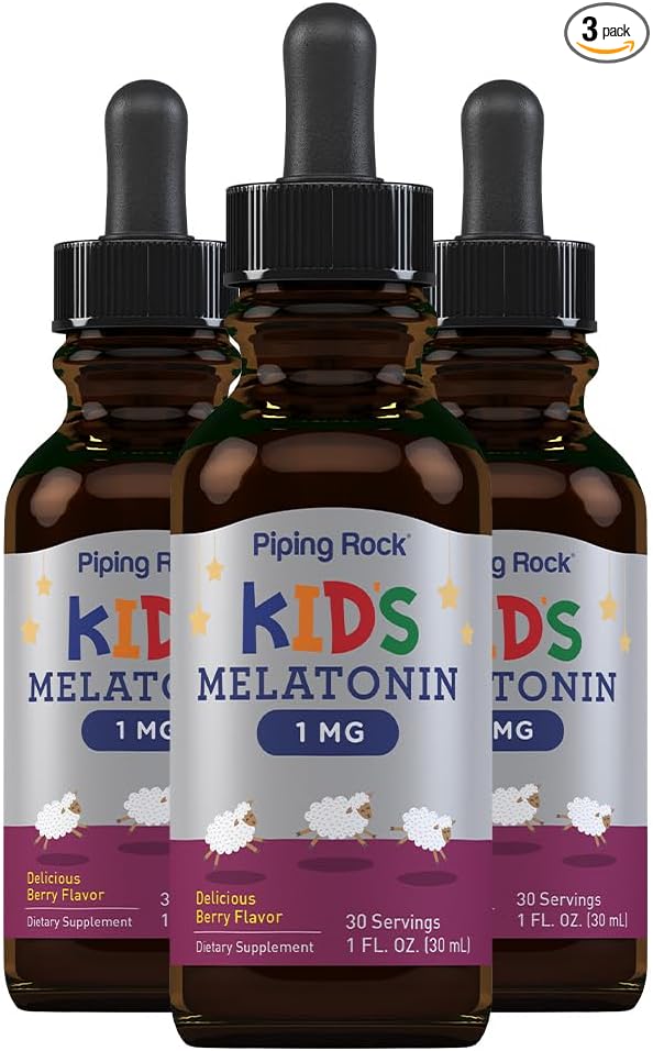 Piping Rock Kids Melatonin Liquid 1 fl oz | 1mg | Pack of 3 Bottles | Berry Flavor Drops | Non-GMO, Gluten Free Supplement