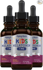 Piping Rock Kids Melatonin Liquid 1 fl oz | 1mg | Pack of 3 Bottles | Berry Flavor Drops | Non-GMO, Gluten Free Supplement