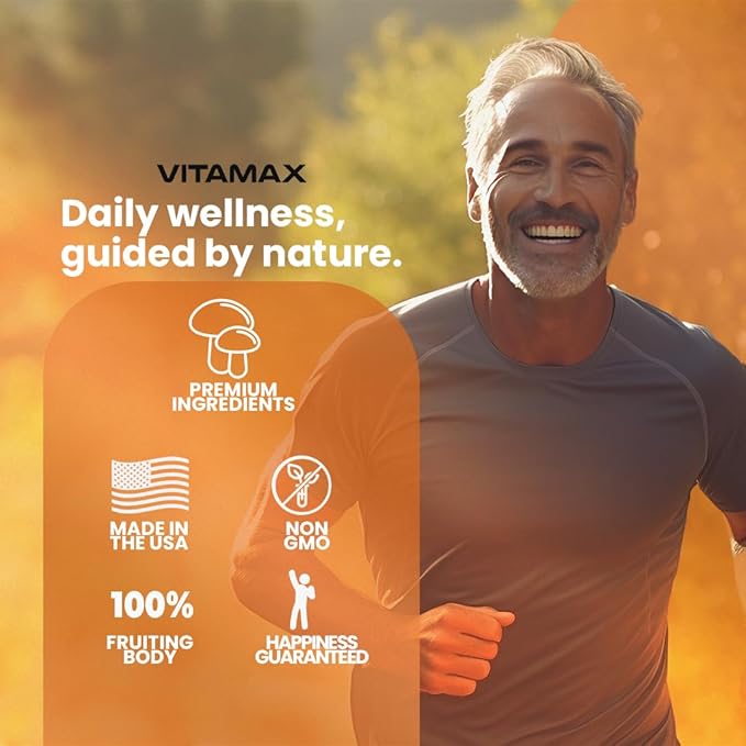 Vitamax Lions Mane Mushroom, Turkey Tail, Chaga & Reishi, Cordyceps Shiitake White Elm King Trumpet Nameko Oyster Porcini Focus & Energy - Made in USA