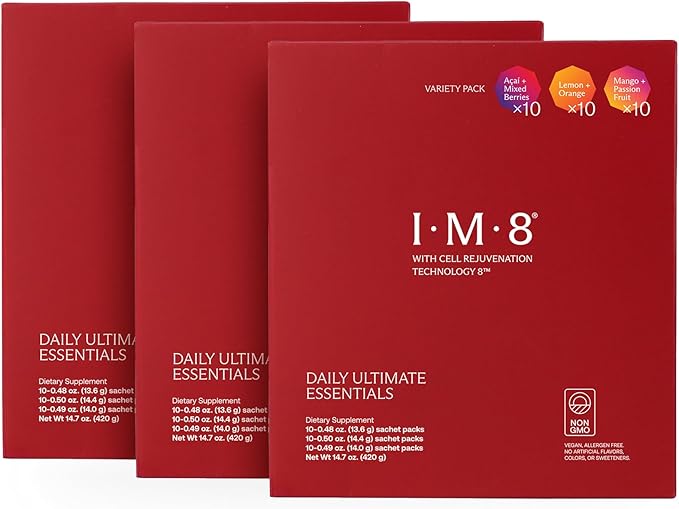 IM8 Daily Ultimate Essentials All-in-One Multivitamin Supplement, 92 Nutrient Rich Ingredients CoQ10, Probiotics, Vitamins, Greens, Gluten Free, Vegan, Variety Pack (90 Powder Packets)