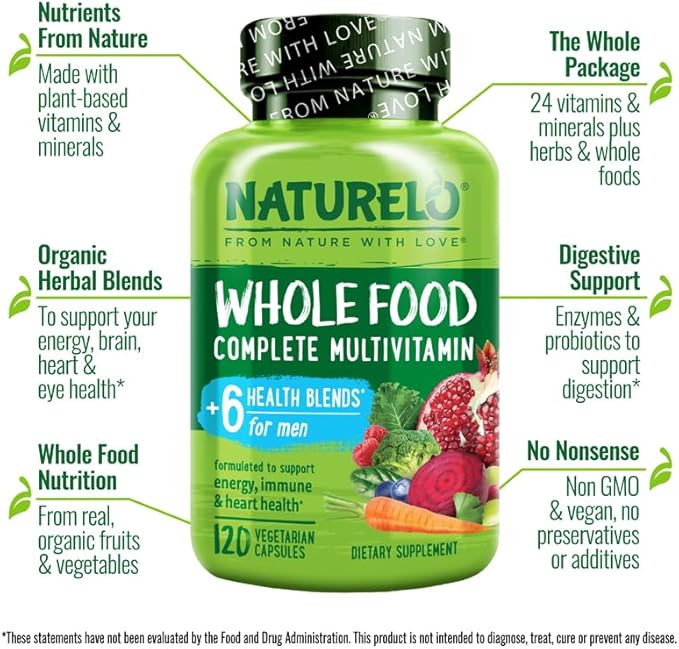 NATURELO Mens Multivitamins - Whole Food Multivitamin for Men with Vitamins, Minerals - 120 Vegetarian Capsules for Energy, Brain, Heart, Eye Health*
