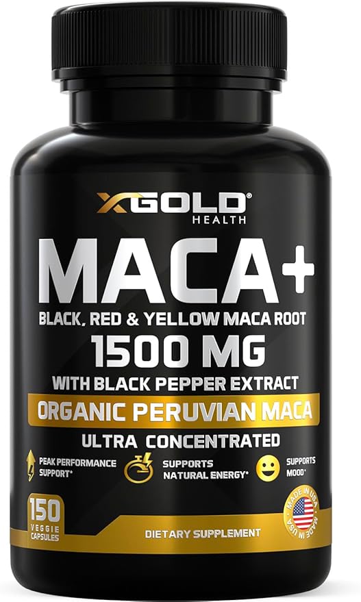X Gold Health Organic Maca Root Capsules 1500mg – Peruvian Black, Red & Yellow Maca – Energy, Stamina, Libido & Hormone Balance Support for Men & Women – Vegan, Non-GMO – 150 Veggie Capsules