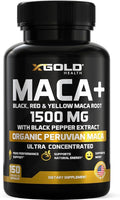 X Gold Health Organic Maca Root Capsules 1500mg – Peruvian Black, Red & Yellow Maca – Energy, Stamina, Libido & Hormone Balance Support for Men & Women – Vegan, Non-GMO – 150 Veggie Capsules