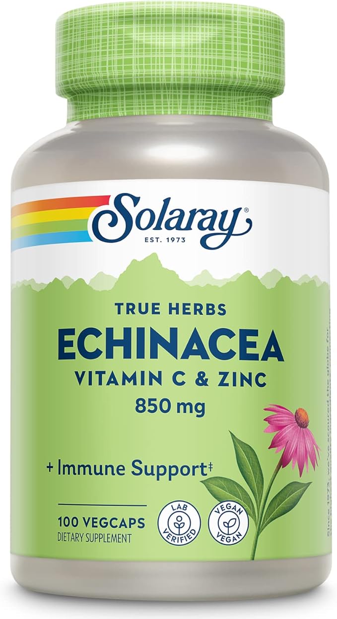 SOLARAY Echinacea Vitamin C and Zinc Wellness Formula - Immune Support Supplement - Echinacea Capsules with Vitamin C 500mg Plus Bioflavonoids, Vegan, 60-Day Guarantee, 50 Servings, 100 VegCaps