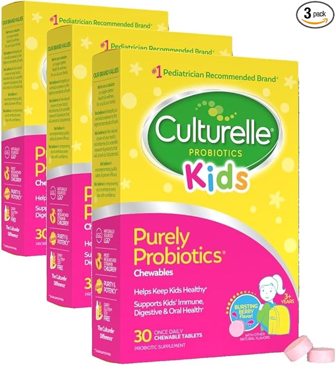 Culturelle Kids Chewable Daily Probiotic for Kids, Ages 3+, 30 Count, #1 Pediatrician-Recommended Brand, Natural Berry Flavored Daily Probiotics for Digestive Health, Oral Care & Immune Support