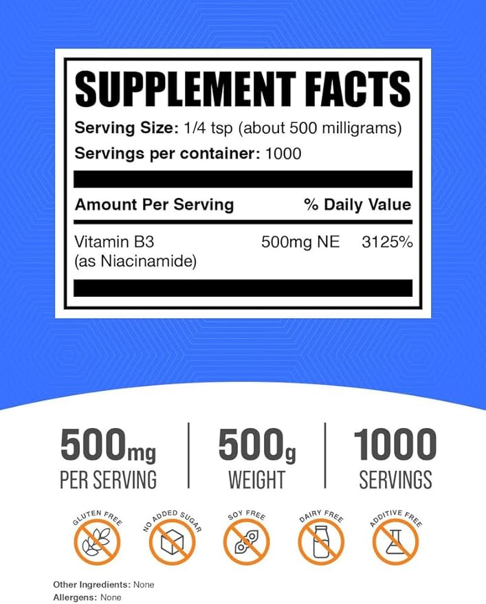 BulkSupplements.com Niacinamide Powder - Vitamin B3 Powder, Niacinamide Supplement, Niacinamide 500mg - B3 Vitamins for Skin, Gluten Free, 500mg per Serving, 500g (1.1 lbs) (Pack of 1)