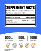 BulkSupplements.com Niacinamide Powder - Vitamin B3 Powder, Niacinamide Supplement, Niacinamide 500mg - B3 Vitamins for Skin, Gluten Free, 500mg per Serving, 500g (1.1 lbs) (Pack of 1)