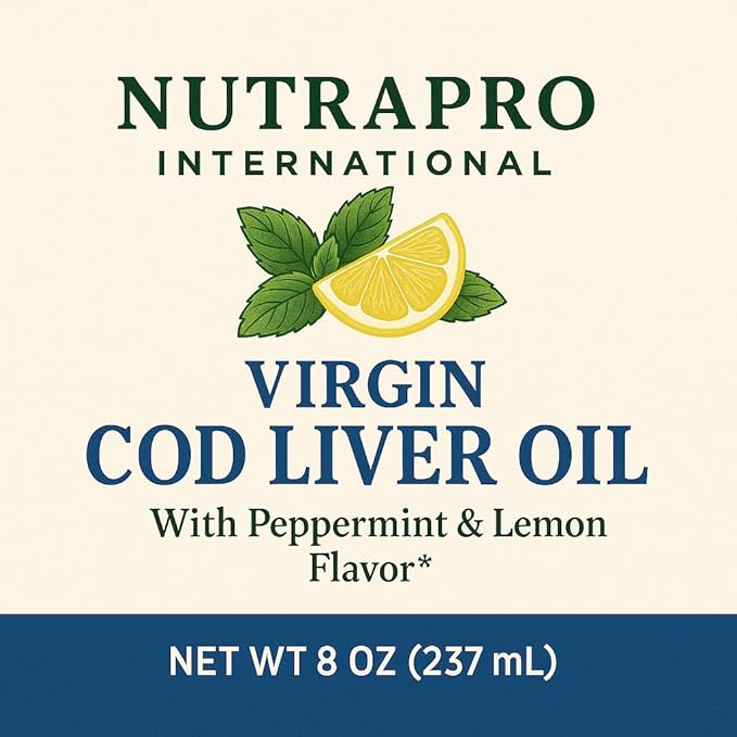 Virgin Cod Liver Oil - 8 Fl oz Natural, Wild Caught & Fresh Tasting,.High in Vitamin D, Omega 3 DHA/EPA (Peppermint Flavored)