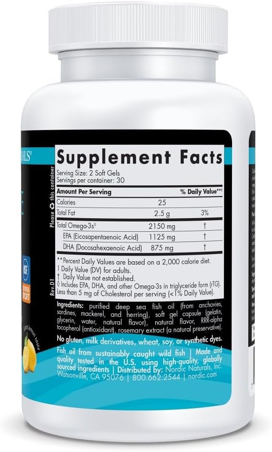 Nordic Naturals Ultimate Omega Sport 2X, Lemon Flavor - 60 Soft Gels - 2150 mg Omega-3 - NSF Certified Fish Oil with EPA & DHA - Heart & Muscle Health, Recovery - Non-GMO - 30 Servings