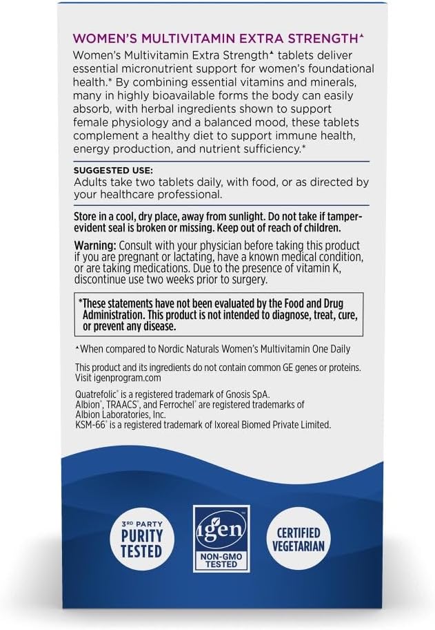 Nordic Naturals Women’s Multivitamin Extra Strength - Skin, Hair, Energy, & Bone Support - Immunity Supplement - 20 Essential Nutrients - 60 Tablets - 30 Servings