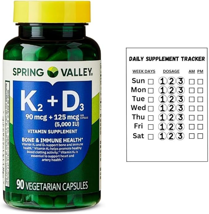 Vitamin K2 + D3 • 5000 IU D3 + Vitamin K2 • Bone, Heart & Immune Support • 90 Vegetarian Capsules • Non-GMO by Spring Valley + Daily Supplement Tracker Sticker