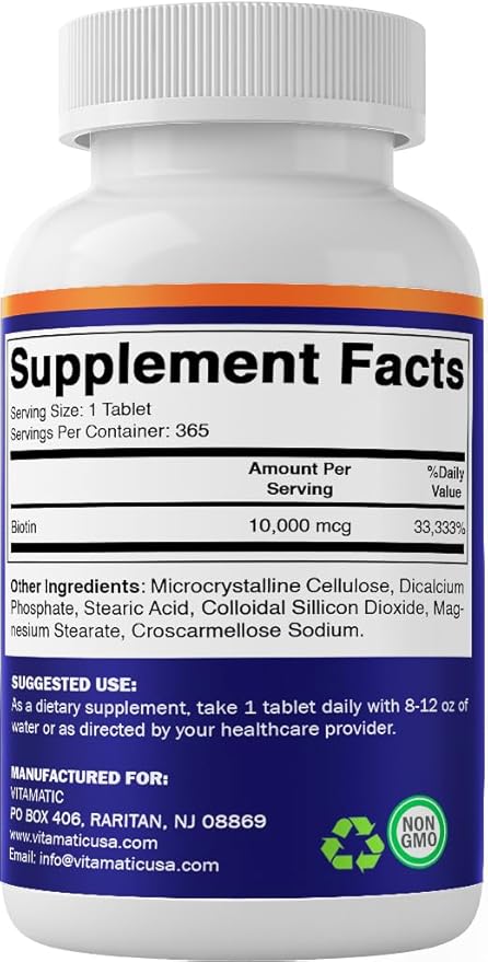 Vitamatic Biotin 10,000 mcg (10 mg) for Stronger Hair, Skin & Nails - 365 Vegan Tablets- Also Called Vitamin B7-4 Pack