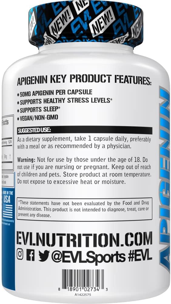 Evlution Apigenin Supplement from Chamomile Extract - Relaxing Apigenin 50mg per Serving for Stress & Mood Support Nutrient Nutrition Vegan Non-GMO Herbal Sleep Supplement (30 Servings)