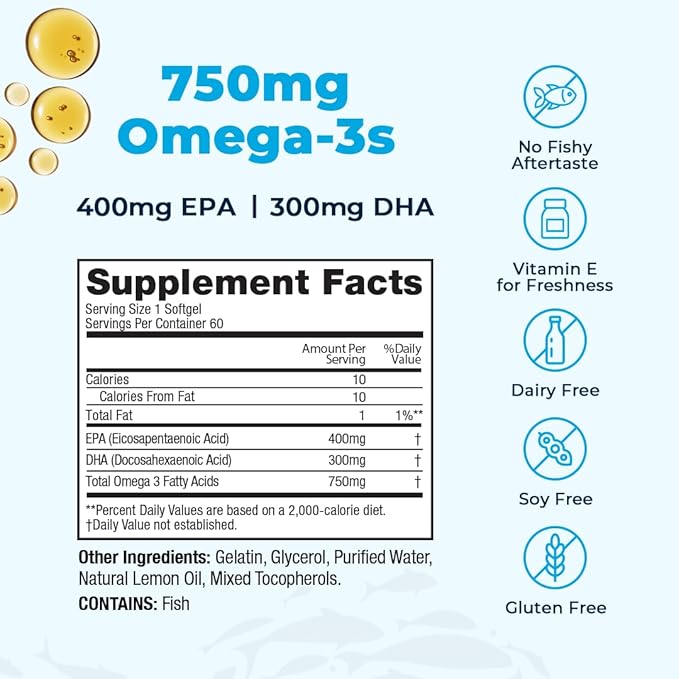 High-Potency, Super EPA/DHA Fish Oil 750mg of Essential Omega-3 Fatty Acids | EPA & DHA | Heart Health, Brain Health, Immune System Health