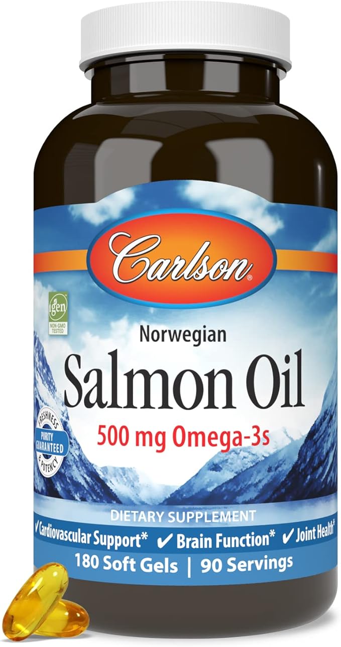 Carlson Salmon Oil, 500mg Omega-3s, Norwegian Wild-Caught Fish Oil, Sustainably Sourced, 180 Softgels