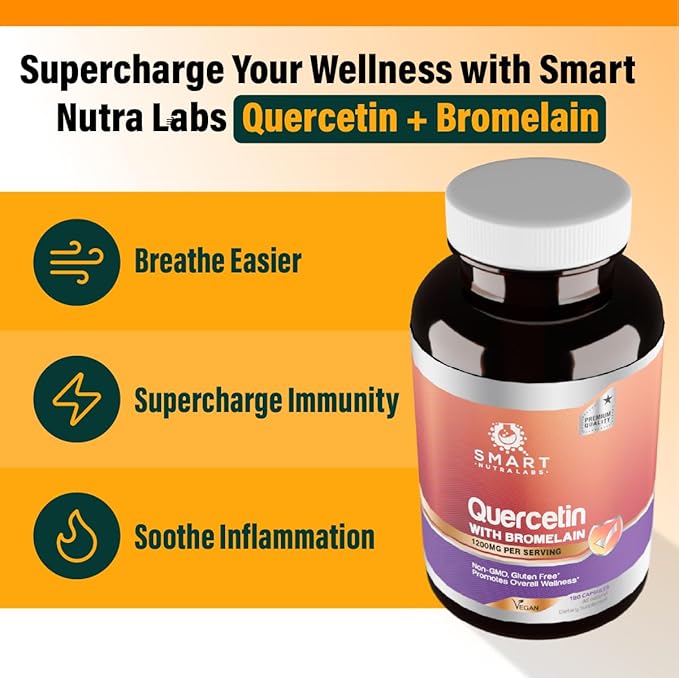 Smart Nutra Labs Quercetin with Bromelain- 180 Count, 1200mg Serving- Supports Immune Health & Energy- Vegan Friendly, Non-GMO, Gluten Free Capsules
