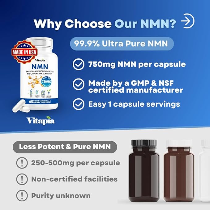 NMN 750mg Per Capsule - 99% Pure Nicotinamide Mononucleotide - Increased NAD+, Mitochondrial Function, Healthy Aging, Brain Health & Energy Support - 60 Capsules, Non GMO, Gluten Free Supplement