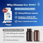 NMN 750mg Per Capsule - 99% Pure Nicotinamide Mononucleotide - Increased NAD+, Mitochondrial Function, Healthy Aging, Brain Health & Energy Support - 60 Capsules, Non GMO, Gluten Free Supplement