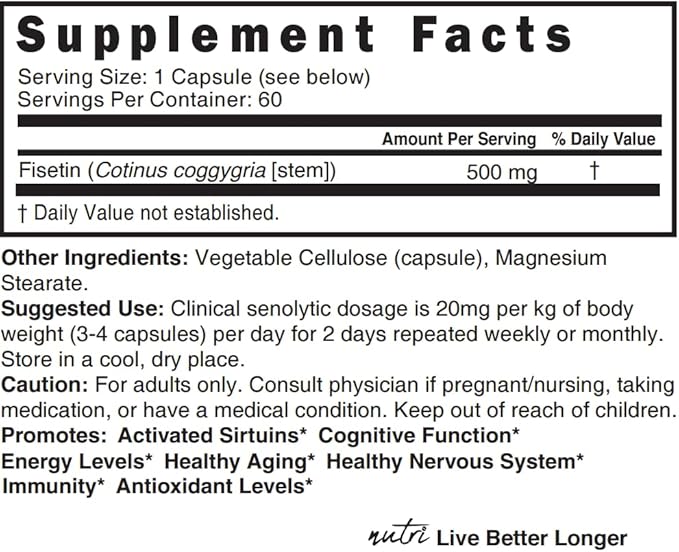 Nutri Fisetin 500mg 60 Count - Clinical Dosage - Fisetin Supplements - Powerful Senolytic Activator, Antioxidant, Heart & Brain Support - Natural Polyphenols - Capsules - 3rd Party Tested for Purity