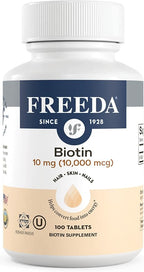 FREEDA Biotin 10,000 mcg – Hair, Skin & Nails Supplement – High-Potency B7 for Hair Growth & Strong Nails – Vegan, Kosher Tablets with D-Biotin – 100 Tiny Tablet