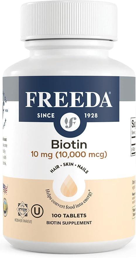 FREEDA Biotin 10,000 mcg – Hair, Skin & Nails Supplement – High-Potency B7 for Hair Growth & Strong Nails – Vegan, Kosher Tablets with D-Biotin – 100 Tiny Tablet