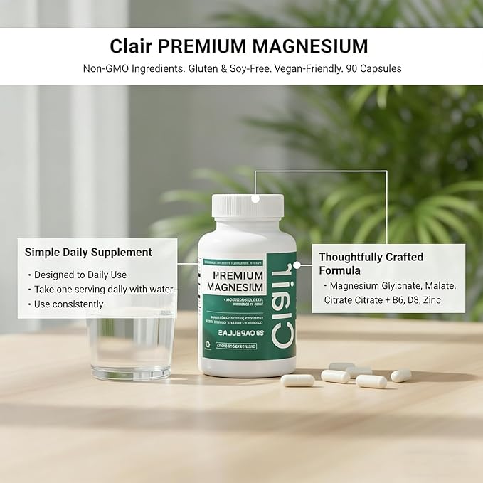 Clair Magnesio Premium Supplement, Premium Magnesium Glycinate, Non-GMO Ingredients, Daily Routine, Vegan-Friendly 90 Capsules