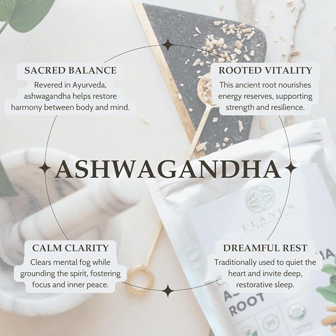 Elanen Naturals Organic Ashwagandha Root 4 oz. (113g), USDA Certified Organic Ashwagandha Root Loose Leaf Tea, Dried Withania somnifera, Cut & Sifted