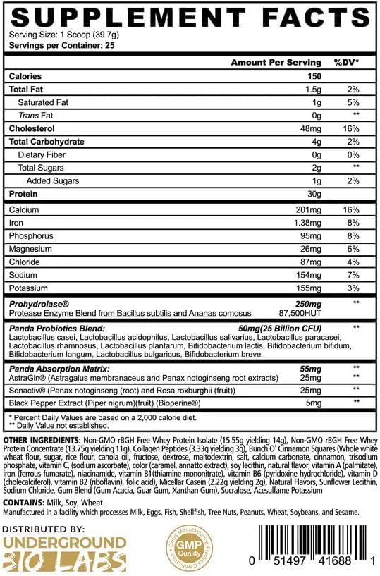 Underground Bio Labs Panda Fuel Premium Protein Whey,Hydrolyzed Collagen,Casein,Probiotics, Enzymes, Keto Friendly,Time Release, 25 Servings (2.5 Pound, Cinnamon Toast)