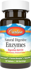 Carlson - Natural Digestive Enzymes, Digestive Aid #34 with Protease, Amylase & Lipase, Digestive Support, Nutrient Absorption & Optimal Wellness, 50 Tablets