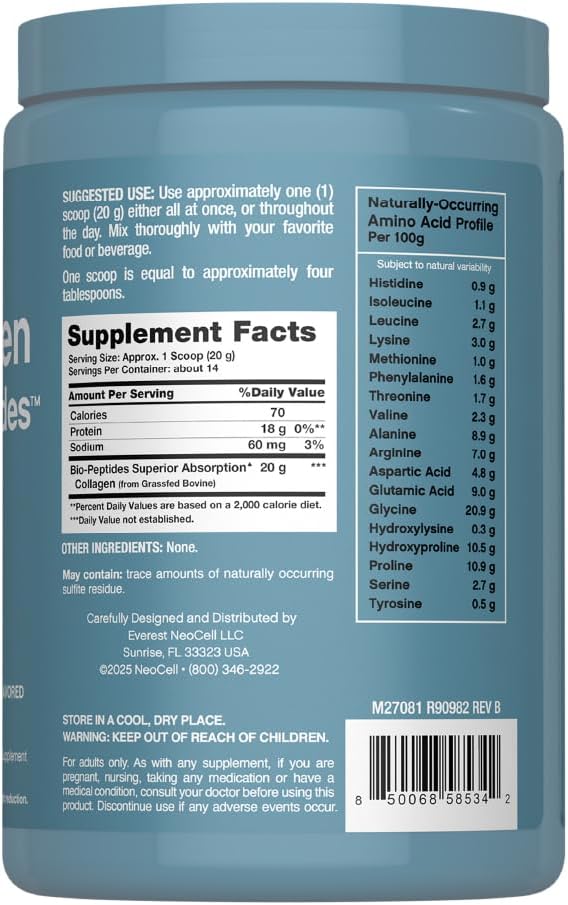 NeoCell Collagen Bio-Peptides Powder | 10oz | Super Hair, Skin, and Nails | Superior Absorption | Grassfed Protein Supplement | Advanced with 18 Essential Amino Acids