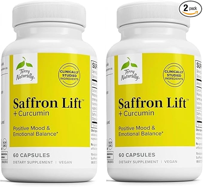 Terry Naturally Saffron Lift + Curcumin - Herbal Supplement with Curcumin - Non-GMO Saffron & Brain Curcumin Capsules - Concentration & Relaxation Support Supplement - 60 Capsules (Pack of 2)