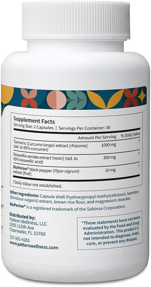 Pattern Wellness Turmeric Curcumin – 95% Curcuminoids with BioPerine® Black Pepper – Supports Joint, Cognitive & Immune Health – Non-GMO, Gluten Free – 120 Capsules