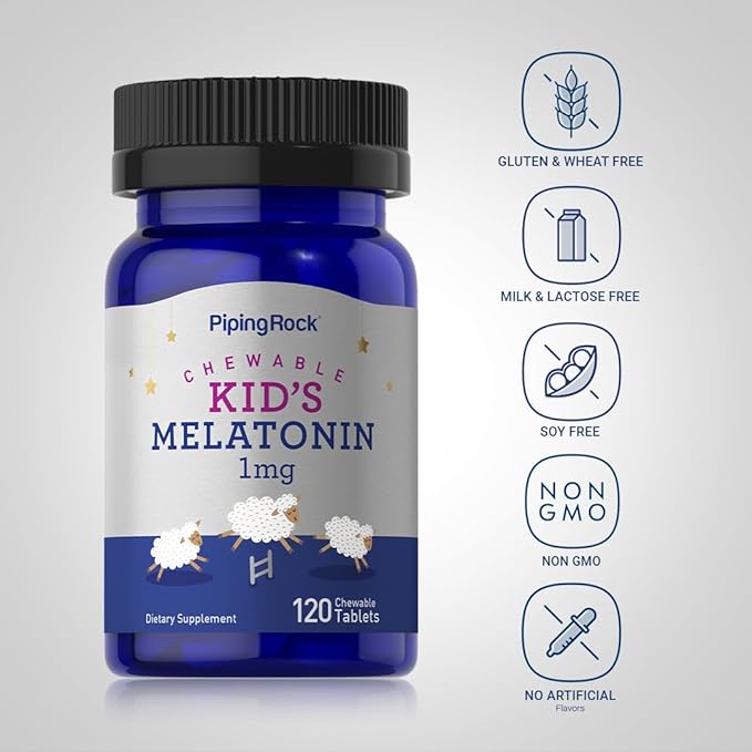 Piping Rock Kids Melatonin 1mg | 120 Chewable Tablets | Supplement for Children | Vegetarian,Non-GMO, Gluten Free