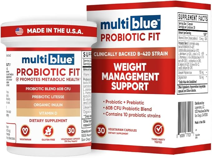 MultiBlue Probiotic Fit – Supports Natural GLP-1 & Appetite Control for Women & Men, Bifidobacterium B-420, Digestive & Gut Health, 10 Probiotic Strains, 60 Billion CFU, Prebiotic + Vitamin D3, 30ct