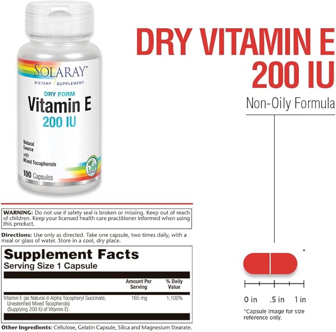 SOLARAY Vitamin E, Dry 200 IU w/Mixed Tocopherols | Healthy Cardiac Function & Skin Health Support | 100ct