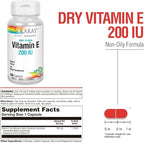 SOLARAY Vitamin E, Dry 200 IU w/Mixed Tocopherols | Healthy Cardiac Function & Skin Health Support | 100ct