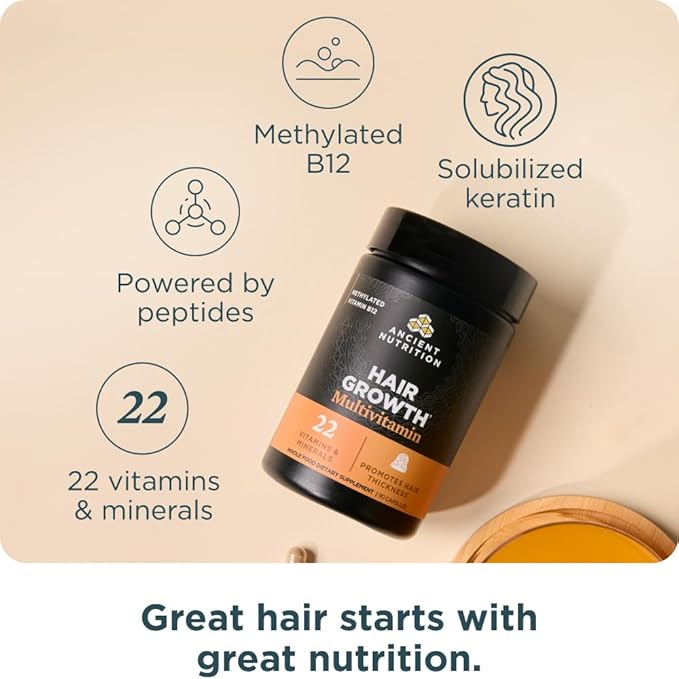 Ancient Nutrition Hair Growth Multivitamin – Supports Thicker Hair, Less Shedding, Smoother Skin & Stronger Nails – with Solubilized Keratin, Powered by Peptides, 22 Vitamins & Minerals – 30 Servings