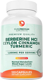 PurePremium Berberine with Ceylon Cinnamon Complex - 1500mg Berberine Supplement HCl, Cinnamon & Turmeric Supplement Supports Blood Sugar Levels Already Within Normal Range - 2 Month Supply, 120ct