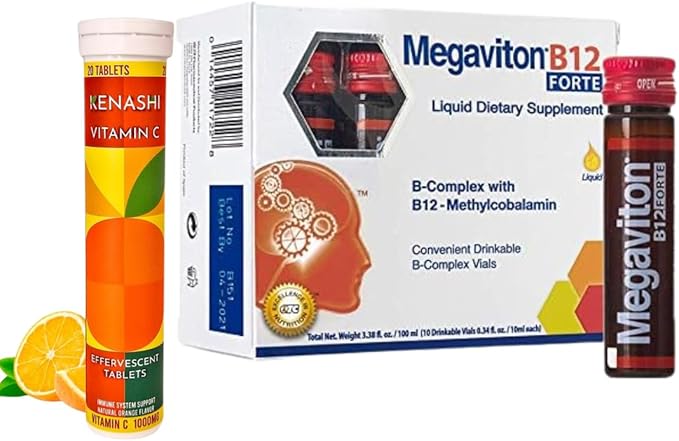 Vitamin B12 Methylcobalamin Liquid Forte 10 Drinkable Vials + Kenashi Vitamin C Effervescent Tablets with Zinc 1000mg Orange Flavor | Vitamin B12 Liquid Energy Boost